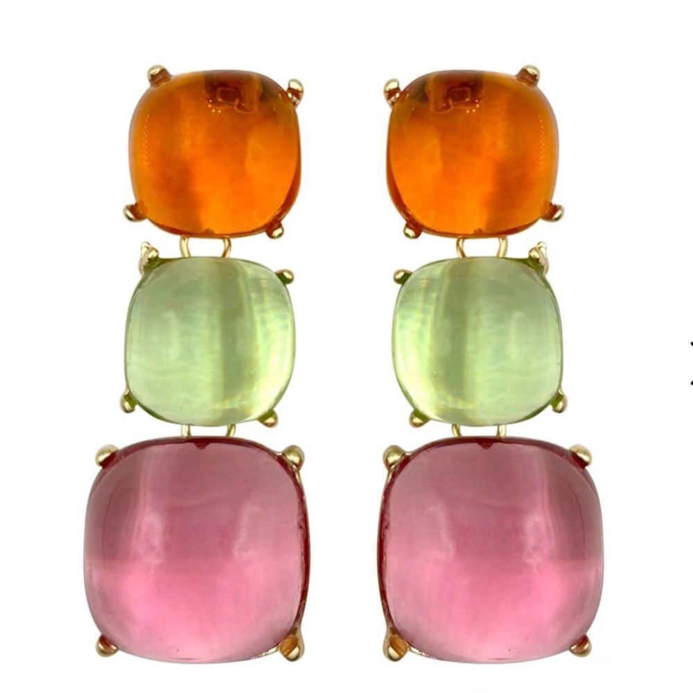 Zara Three-Tier Cushion Drop Earrings in Orange, Green & Pink